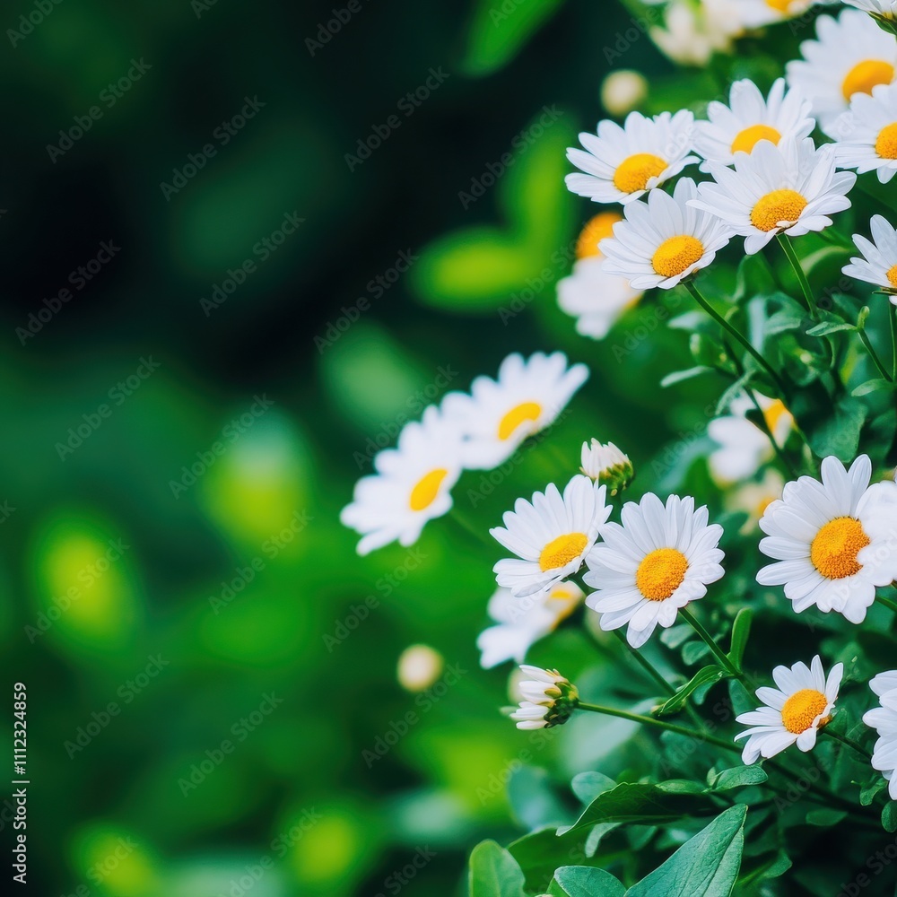 Fototapeta premium A vibrant display of white daisies with yellow centers, surrounded by lush green foliage, evoking a sense of tranquility and beauty.