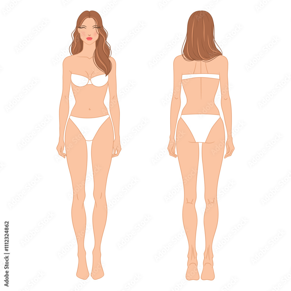 Eight-head fashion figure template. The female croquis front and back views. Vector illustration of a young woman wearing lingerie, isolated on a white background. Eight-head fashion figure template. The female croquis front and back views. Vector illustration of a young woman wearing lingerie, isolated on a white background.