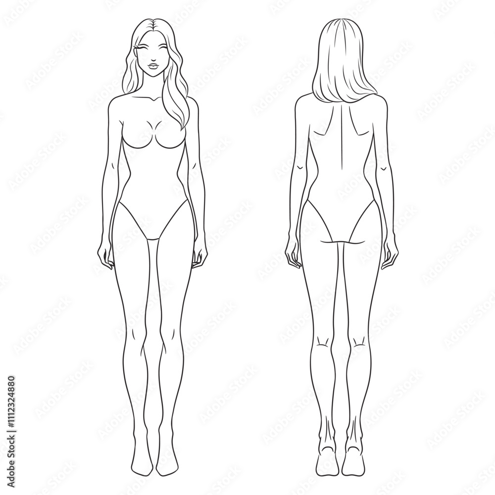 Eight-head fashion figure template. The female croquis front and back views. Vector line illustration of a young woman wearing lingerie, isolated on a white background. Eight-head fashion figure template. The female croquis front and back views. Vector line illustration of a young woman wearing lingerie, isolated on a white background.