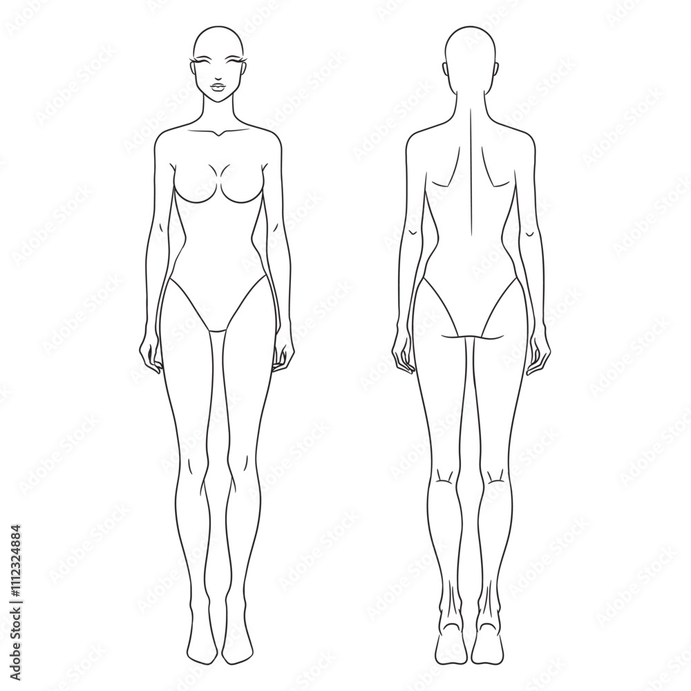 Eight-head fashion figure template. The female croquis front and back views. Vector line illustration of a young woman wearing lingerie, isolated on a white background. Eight-head fashion figure template. The female croquis front and back views. Vector line illustration of a young woman wearing lingerie, isolated on a white background.