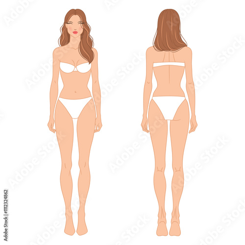 Eight-head fashion figure template. The female croquis front and back views. Vector illustration of a young woman wearing lingerie, isolated on a white background. 