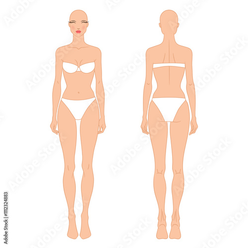 Eight-head fashion figure template. The female croquis front and back views. Vector illustration of a young woman wearing lingerie, isolated on a white background. 