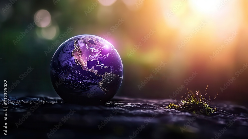 A glowing Earth globe on a mossy surface with a soft light background. A glowing Earth globe on a mossy surface with a soft light background.