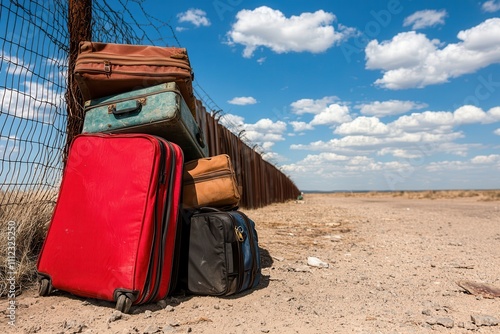 travel restrictions entry concept Luggage stacked against a border fence under a blue sky. photo