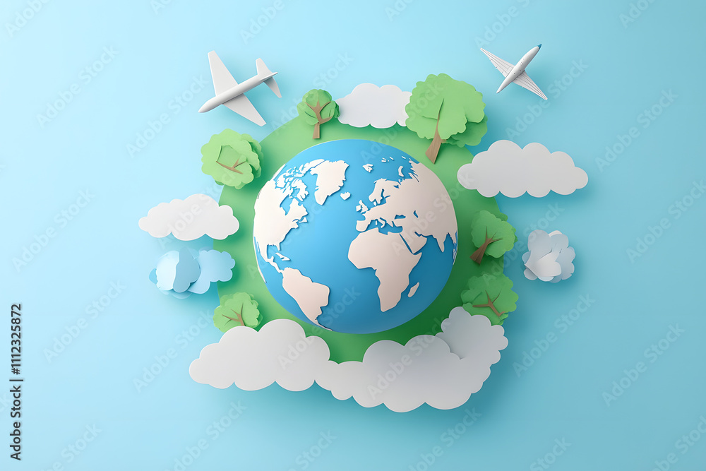 Naklejka premium 3D world globe with trees and clouds, suitcase travel concept on a light blue background, Generative AI