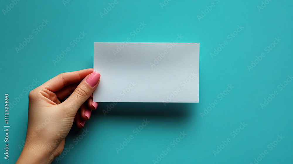 Hand holding a blank card against a bright turquoise background for creative design or communication purposes. Generative AI Hand holding a blank card against a bright turquoise background for creative design or communication purposes. Generative AI
