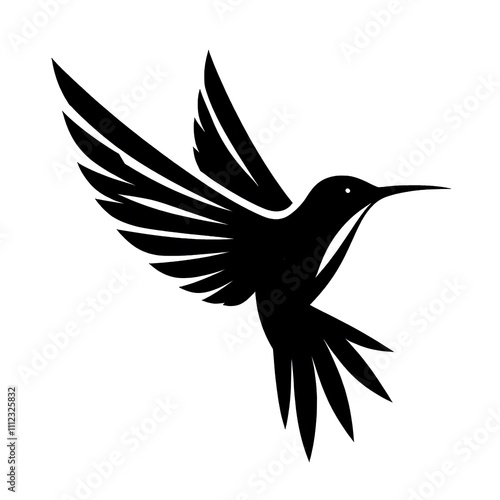 Black silhouette of a flying bird with wings spread. photo