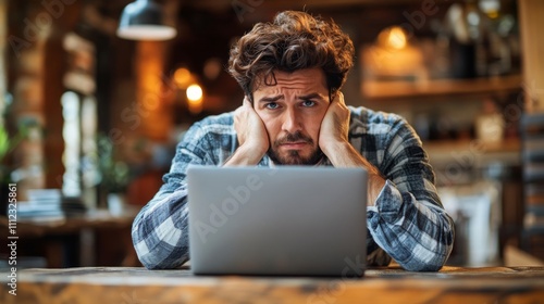Frustrated Man Sitting With Laptop At Cafe