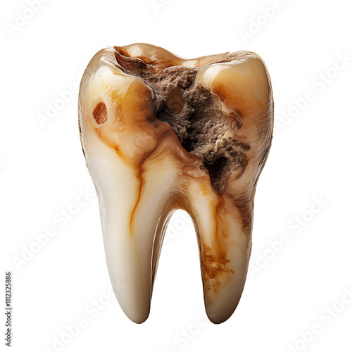 Human tooth with visible cavities, isolated on transparent background, perfect for dental illustrations, oral health education, and prevention campaigns