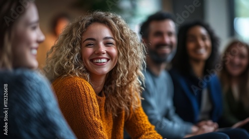 Happy young woman smiles amongst friends in a group setting