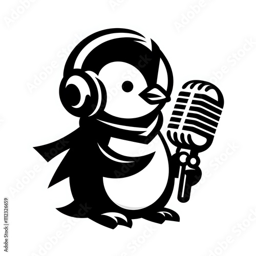 Cartoon penguin with headphones and microphone. photo