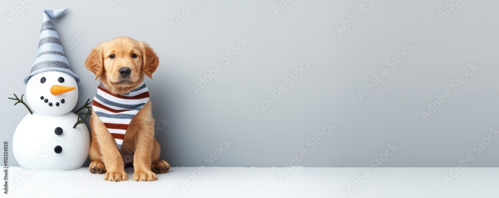 Fototapeta premium A cheerful puppy in a striped scarf sits beside a friendly snowman, embodying the festive winter spirit against a minimalist gray backdrop.