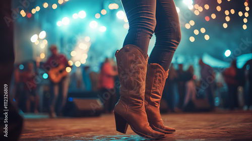 Spaghetti western booted cowgirls dancing at the club. Line dance, Line dancing with boots. Countryside music popularity line dancing with boots. photo