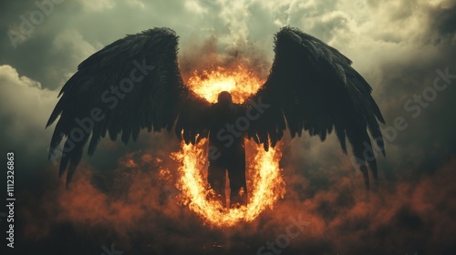 Fiery illustration of a diabolic demon summoning evil forces and opening a hell portal with ancient alchemy symbols, representing dark magic and supernatural forces in a fiery hellish scene