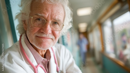 An elderly male doctor with glasses and a stethoscope smiles softly in a brightly lit clinic hallway, portraying wisdom and kindness in a healthcare setting.