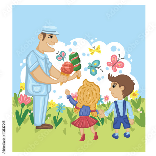 Vendor handing ice creams to kids in a flowery meadow illustration