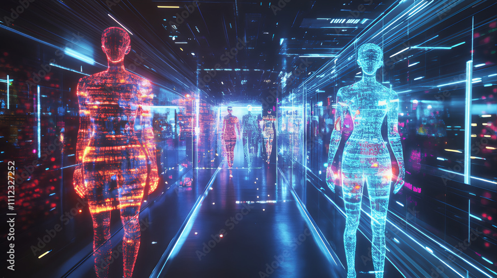 Futuristic holographic artificial intelligence, digital technology fashion model, style trend design Futuristic holographic artificial intelligence, digital technology fashion model, style trend design