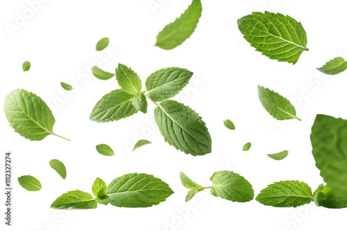 Mint leaves flying on white background.AI GENERATED