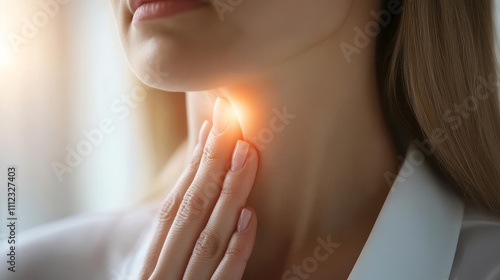 Closeup of a woman experiencing neck and shoulder pain, highlighting discomfort and tension, symbolizing common health issues related to muscle strain, injury, and medical care in a healthcare context photo