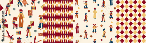 Set of seamless pattern. Colorful circus background, funny clowns, jugglers, acrobats, cheerful carnival