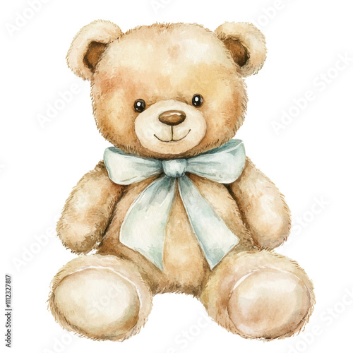 Cute teddy bear with a blue bow sitting on a white background