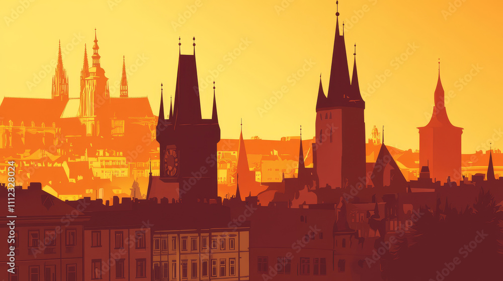 Stunning Prague city skyline with silhouette of iconic cathedral landmarks, showcasing the beauty of Czech architecture against a vibrant sky. Ideal for travel, tourism, and European city concepts Stunning Prague city skyline with silhouette of iconic cathedral landmarks, showcasing the beauty of Czech architecture against a vibrant sky. Ideal for travel, tourism, and European city concepts