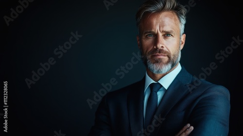 A confident man in a stylish suit poses with arms crossed, exuding authority and professionalism, set against a dark background in an elegant manner.