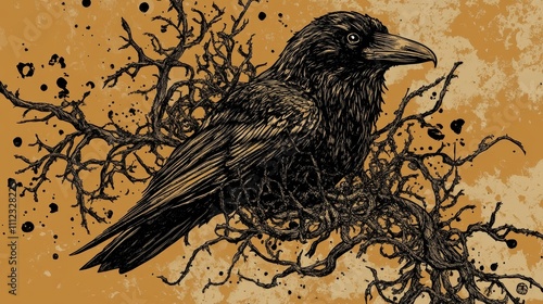 Intricate vector illustration of a gothic raven perched on textured vines, blending dark symbolism with nature's beauty in a mysterious artistic design, perfect for horror, fantasy, gothic art themes photo