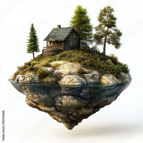 Floating island with cabin, trees, and rocks. photo