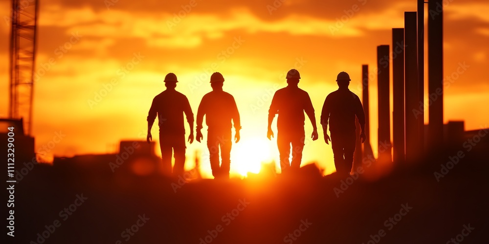Fototapeta premium Silhouetted Construction Workers at Sunset