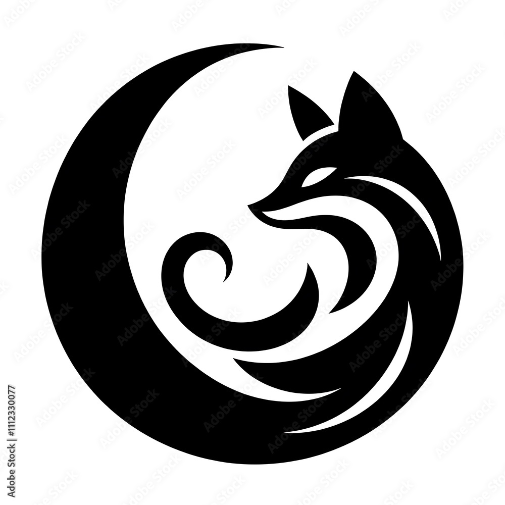 Stylized fox silhouette within a crescent moon. Stylized fox silhouette within a crescent moon.