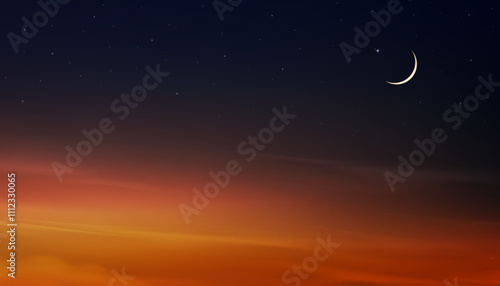 Sky Night,Ramadan Crescent moon and Star for festive background,Sunset sky with twilight in evening,Banner for Muslim celebration on Eid Mubarak,Eid al adha,Eid al fitr,Islamic new year,Muharram