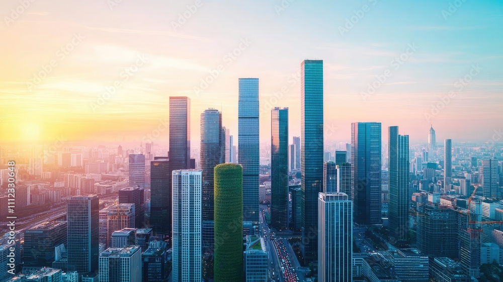 Fototapeta premium Skyscrapers against a sunset sky in a modern urban landscape.