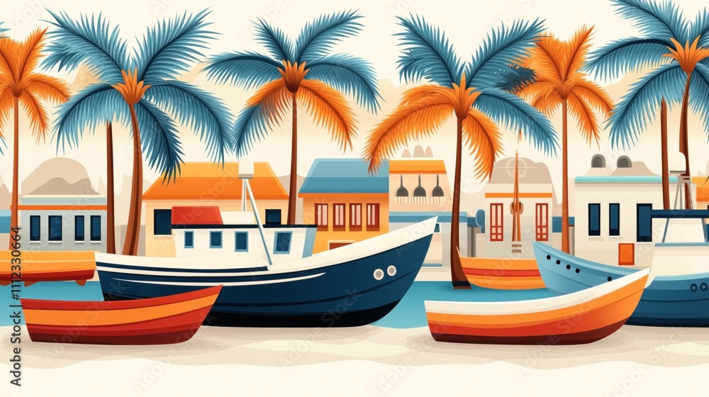 Colorful illustration of a seaside village with palm trees, boats, and vibrant buildings under a clear sky featuring bright orange and teal accents in a tropical setting.