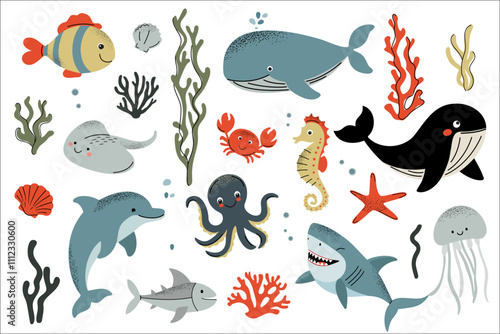 Marine animals and algae. Water inhabitants. Fishes, crab, octopus, shark. Flat cartoon underwater sea life