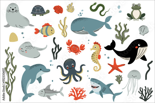 Marine animals and algae. Water inhabitants. Fishes, crab, octopus, seal. Flat cartoon underwater sea life
