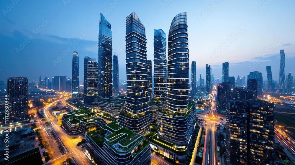 Obraz premium Modern skyscrapers illuminated at dusk in a vibrant urban landscape.