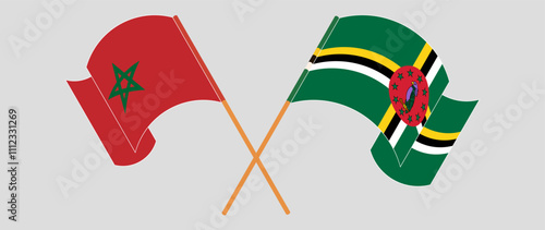 Crossed and waving flags of Morocco and Dominica. Vector illustration