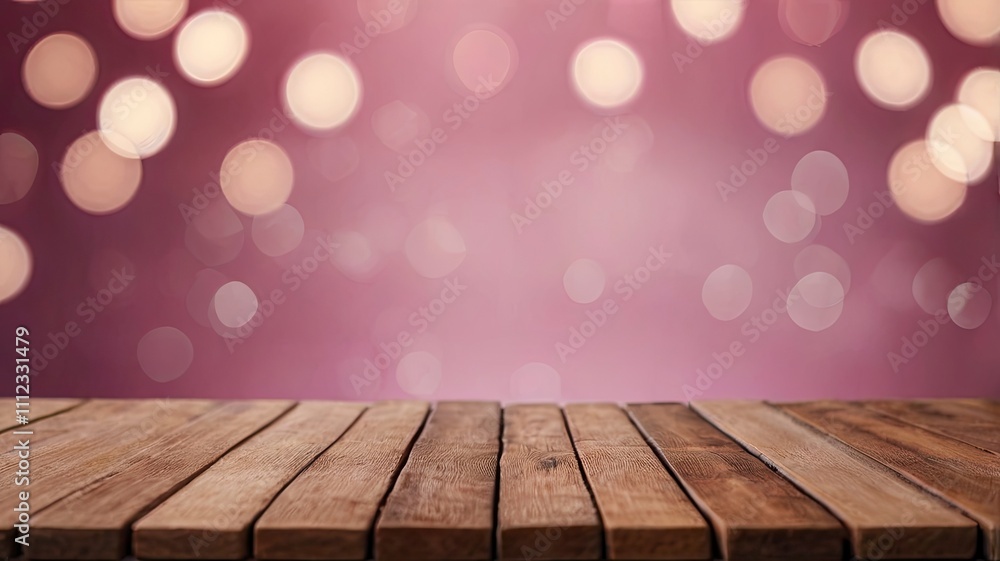 Empty wooden table over pink bokeh lights background. Valentine's day or women day concept celebration. Empty wooden table over pink bokeh lights background. Valentine's day or women day concept celebration.