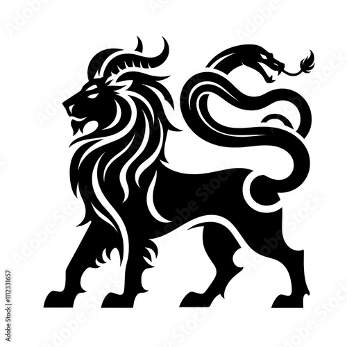 Stylized lion with a serpent, emblematic design. photo