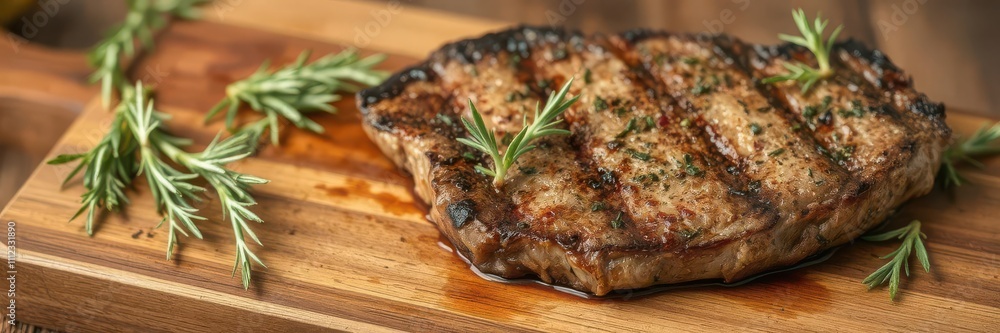 Grilled steak seasoned with fresh rosemary and served on a wooden board, grilled steak, barbecue Grilled steak seasoned with fresh rosemary and served on a wooden board, grilled steak, barbecue