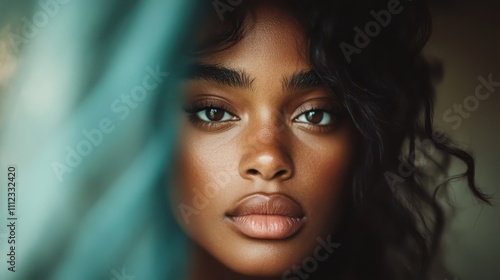 A close-up image captures a woman with a serene expression and intense gaze, framed by a soft curtain, with a focus on her natural beauty and allure.