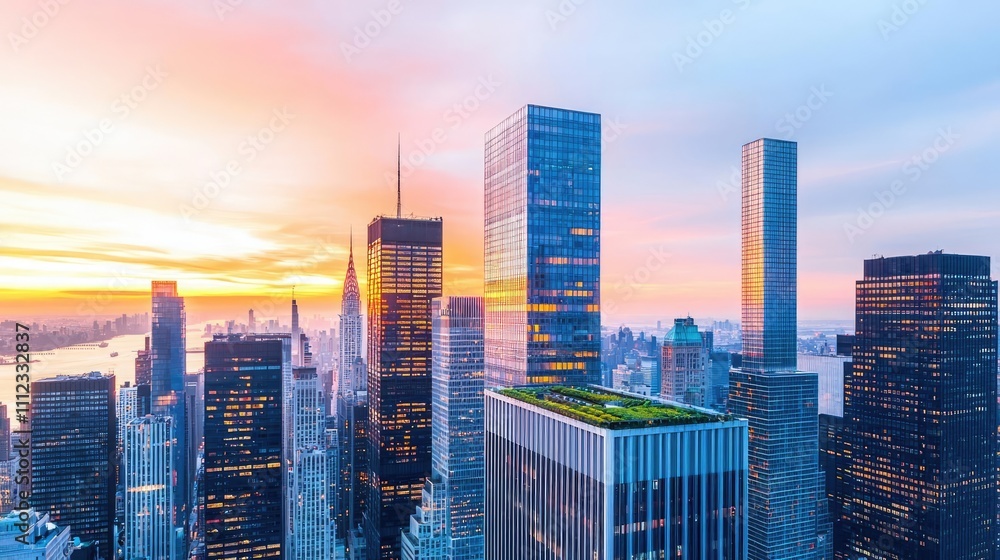 Obraz premium Modern skyline at sunset with vibrant colors and high-rise buildings.