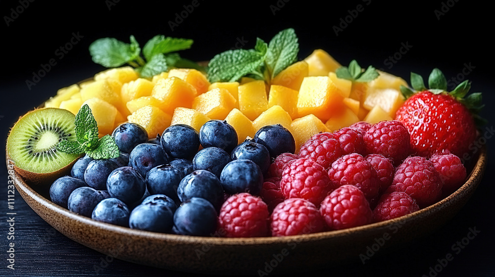 Freshly sliced tropical fruit platter featuring vibrant berries, mango, and mint on a dark background. Generative AI Freshly sliced tropical fruit platter featuring vibrant berries, mango, and mint on a dark background. Generative AI