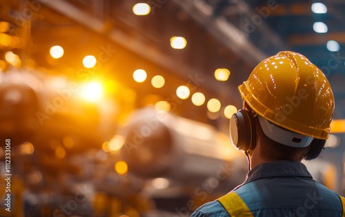 A worker in a safety helmet observes machinery in a brightly lit industrial setting, emphasizing safety and productivity in manufacturing.