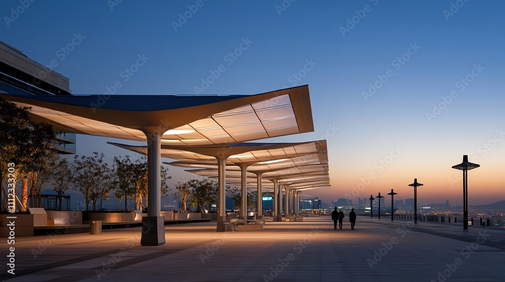 The rooftop is shaded by an intricate canopy of translucent solar panels arranged in radial patterns resembling sunrays Each panel adjusts its opacity dynamically to control light The rooftop is shaded by an intricate canopy of translucent solar panels arranged in radial patterns resembling sunrays Each panel adjusts its opacity dynamically to control light