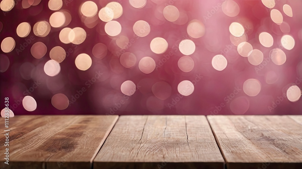 Empty wooden table over pink bokeh lights background. Valentine's day or women day concept celebration. Empty wooden table over pink bokeh lights background. Valentine's day or women day concept celebration.