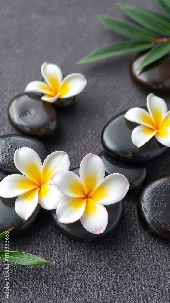 Spa stones arranged with frangipani flowers for a relaxing spa setting, stones, rejuvenation Spa stones arranged with frangipani flowers for a relaxing spa setting, stones, rejuvenation
