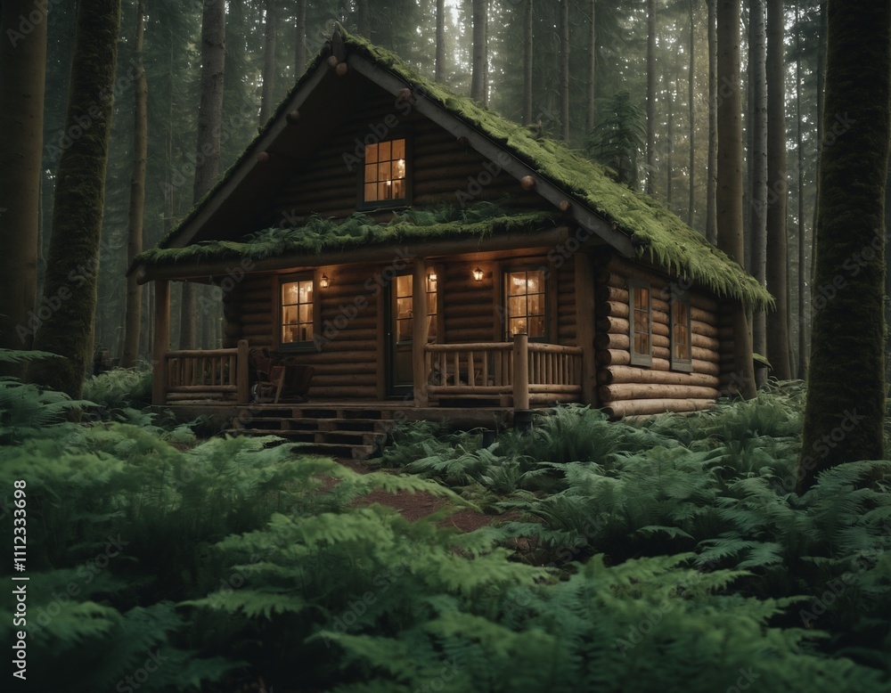 Cozy Log Cabin Nestled in Lush Forested Landscape at Twilight Cozy Log Cabin Nestled in Lush Forested Landscape at Twilight