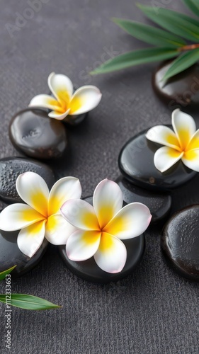 Spa stones arranged with frangipani flowers for a relaxing spa setting, stones, rejuvenation